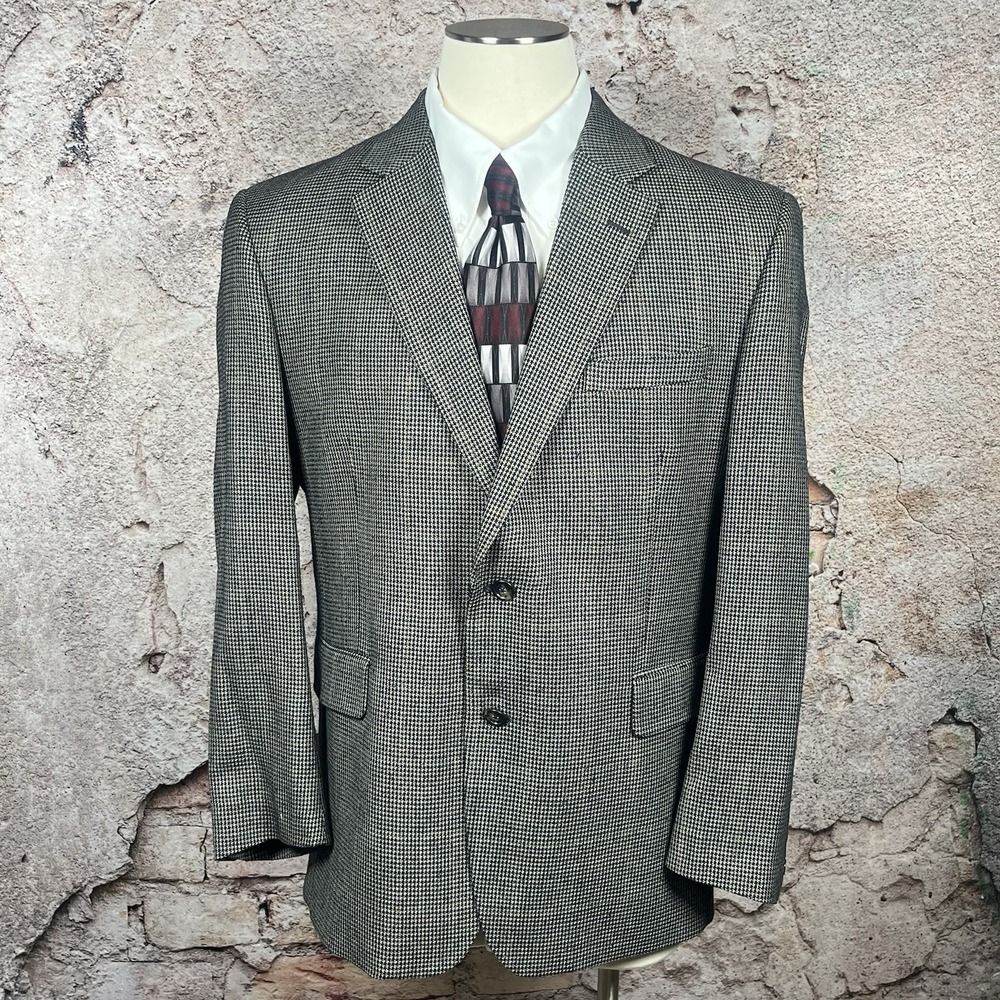 Jos A Bank Men's 44R Blazer Sport Coat Black Gray Houndstooth Check Silk Wool